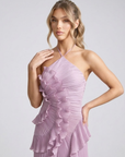 Robe Midi Femme à Col Licou Plissée – Détails Volants Élégants
