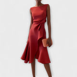 Robe Midi Structurée Sans Manches pour Femme – Col Rond Ourlet Évasé Ajusté