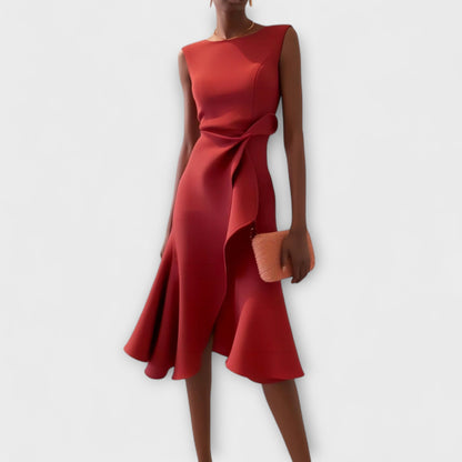 Robe Midi Structurée Sans Manches pour Femme – Col Rond Ourlet Évasé Ajusté