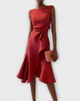 Robe Midi Structurée Sans Manches pour Femme – Col Rond Ourlet Évasé Ajusté