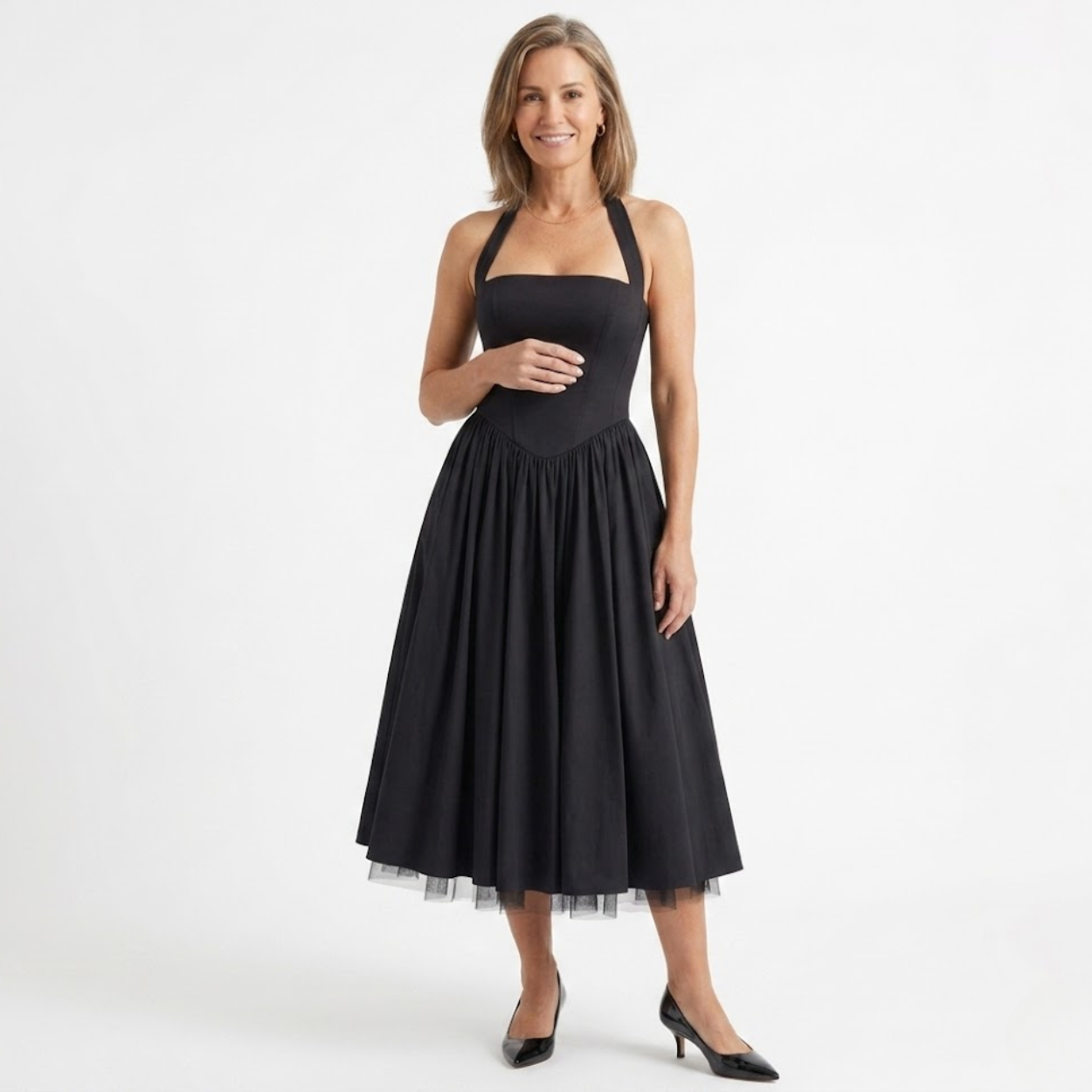Robe Midi Femme Trapèze Dos Nu – Bustier Ajusté Coupe Évasée