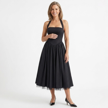 Robe Midi Femme Trapèze Dos Nu – Bustier Ajusté Coupe Évasée