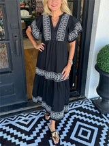 Robe Midi Bohème Femme en Coton – Col V Détails Brodés