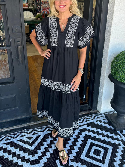 Robe Midi Bohème Femme en Coton – Col V Détails Brodés