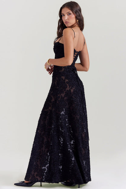 Robe longue à fines bretelles femme – coupe ajustée ourlet évasé