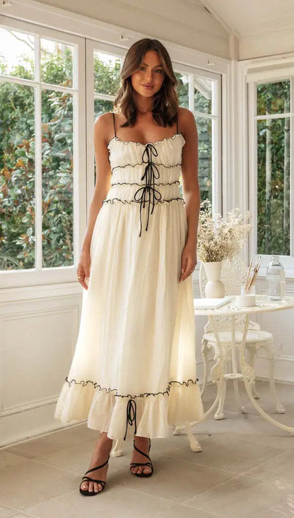 Robe Maxi Bohème Femme – Bretelles Fines Lacet Devant