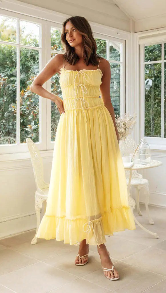 Robe Maxi Bohème Femme – Bretelles Fines Lacet Devant
