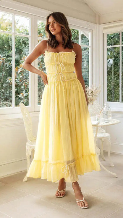 Robe Maxi Bohème Femme – Bretelles Fines Lacet Devant