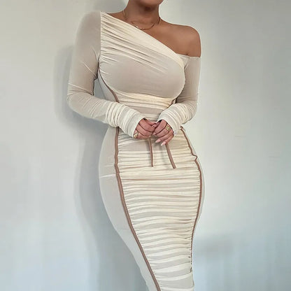 Robe Longue Femme Bodycon – Col Asymétrique Une Épaule Manches Longues Voilées