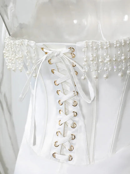 Robe Femme Sans Manches à Épaules Dénudées – Détail Perle et Construction Arête de Poisson