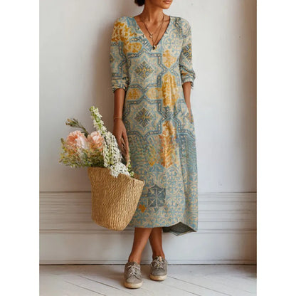 Robe Midi Femme Imprimée – Coupe Fluide et Col en V Bohème