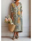 Robe Midi Femme Imprimée – Coupe Fluide et Col en V Bohème
