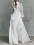 Robe Longue Femme Plissée – Légère Manches Longues Coupe A-Line Ourlet Évasé