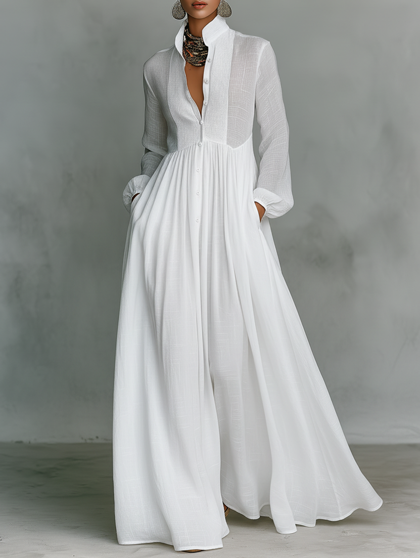 Robe Longue Femme Plissée – Légère Manches Longues Coupe A-Line Ourlet Évasé
