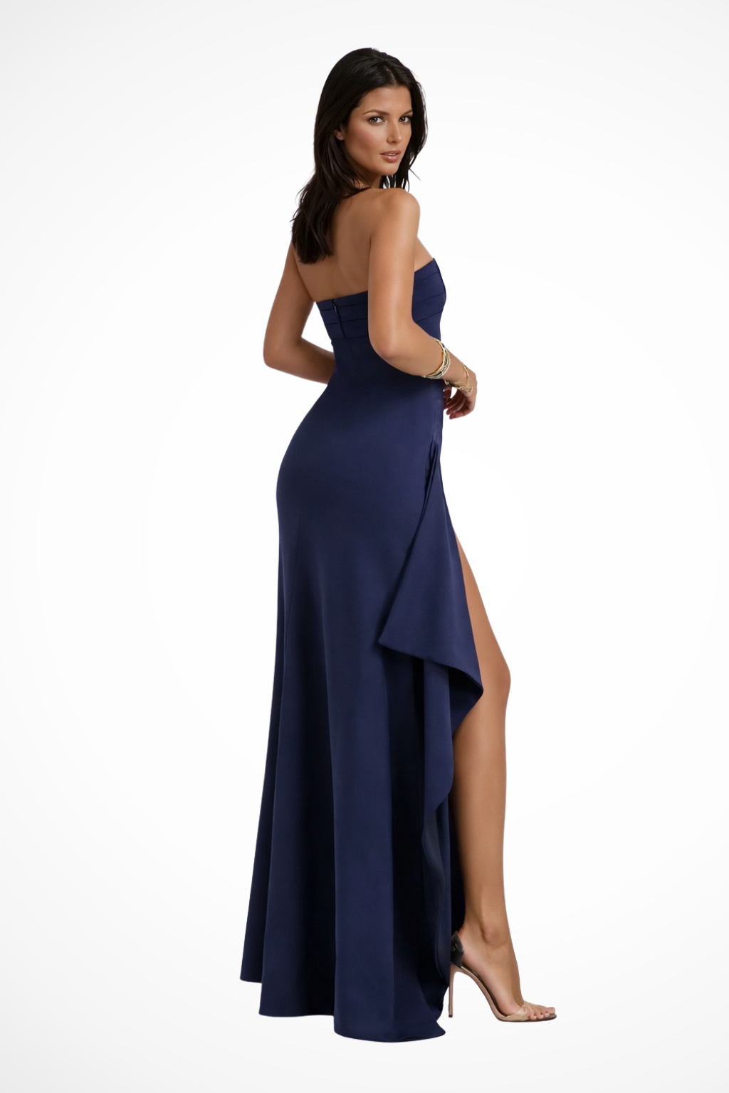 Robe Longue Femme Sans Bretelles – Fente Haute et Drapé Asymétrique