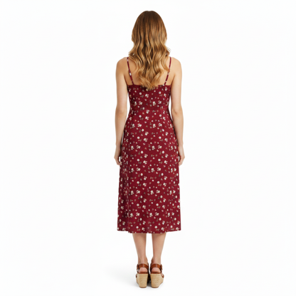 Robe Midi Femme Fleurie – Bretelles Fines, Nœud et Fente Latérale