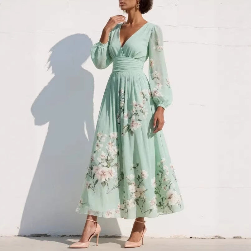 Robe Maxi Mousseline Femme – Manches Longues Coupe Évasée Plissée