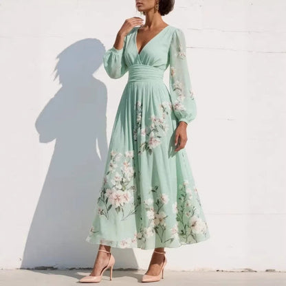 Robe Maxi Mousseline Femme – Manches Longues Coupe Évasée Plissée