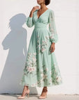 Robe Maxi Mousseline Femme – Manches Longues Coupe Évasée Plissée