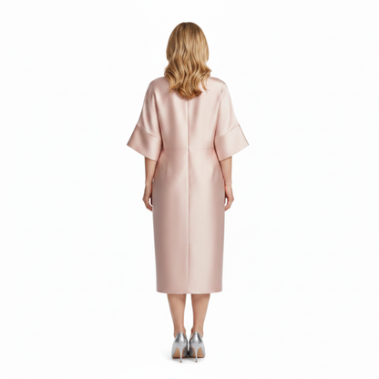 Robe Femme Midi Satinée – Manches Chauve-Souris & Drapé Bijou à la Taille