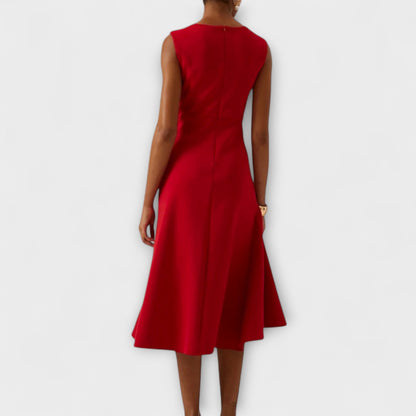 Robe Midi Structurée Sans Manches pour Femme – Col Rond Ourlet Évasé Ajusté