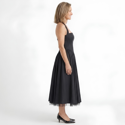 Robe Midi Femme Trapèze Dos Nu – Bustier Ajusté Coupe Évasée