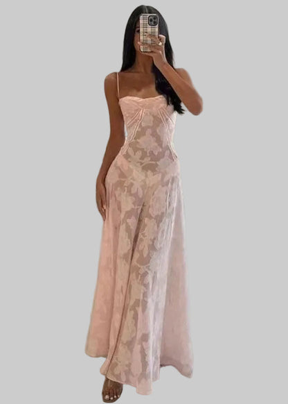 Robe Longue Femme en Dentelle Fleurie – Bretelles Fines & Col Cœur