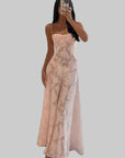 Robe Longue Femme en Dentelle Fleurie – Bretelles Fines & Col Cœur