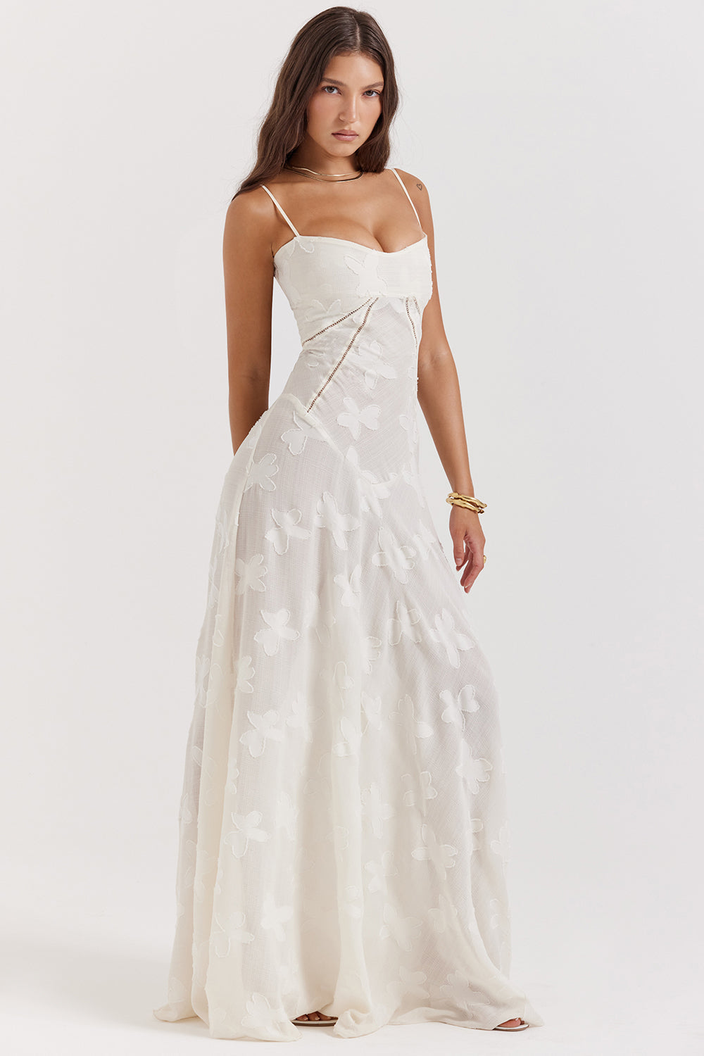 Robe longue à fines bretelles femme – coupe ajustée ourlet évasé