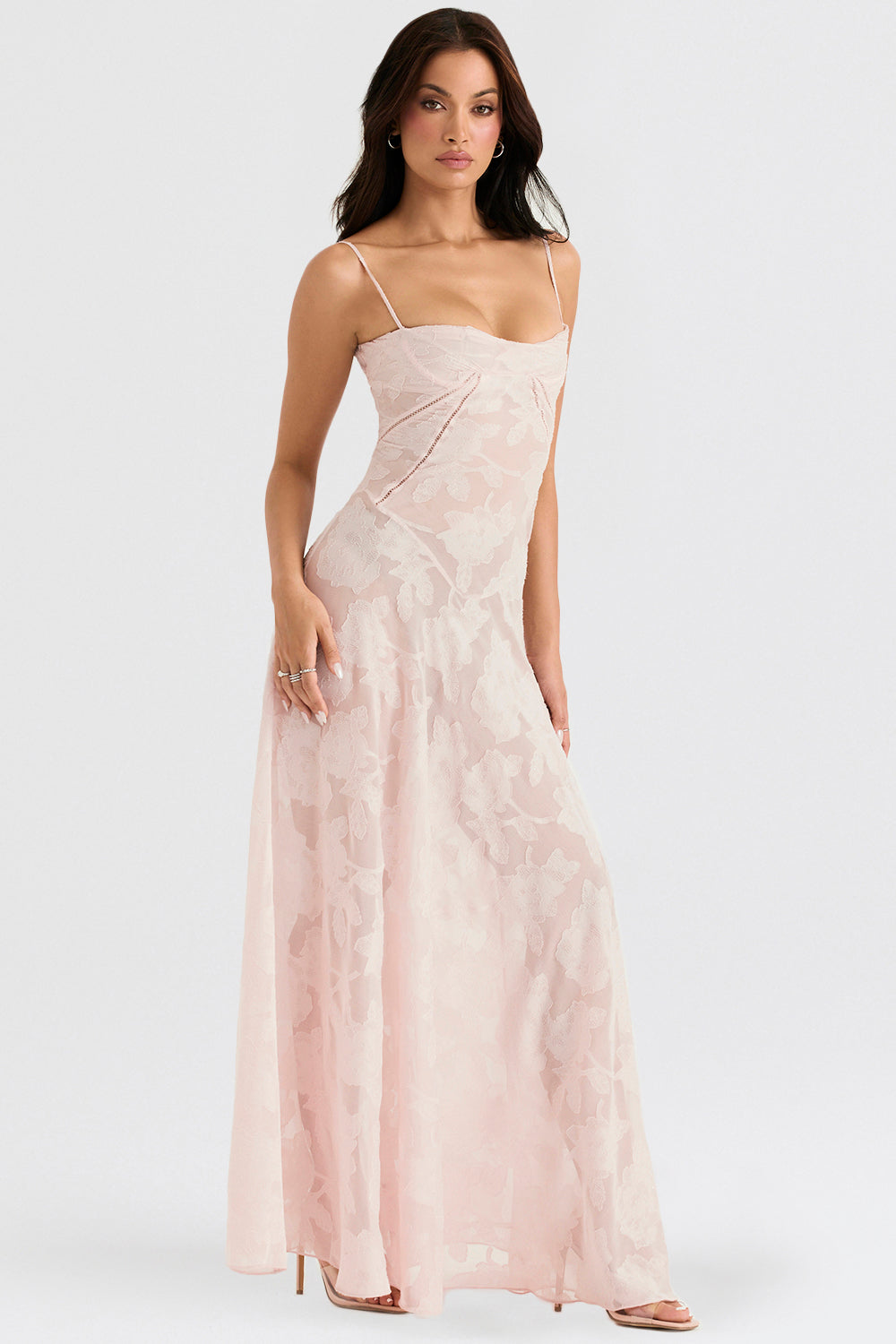 Robe longue à fines bretelles femme – coupe ajustée ourlet évasé