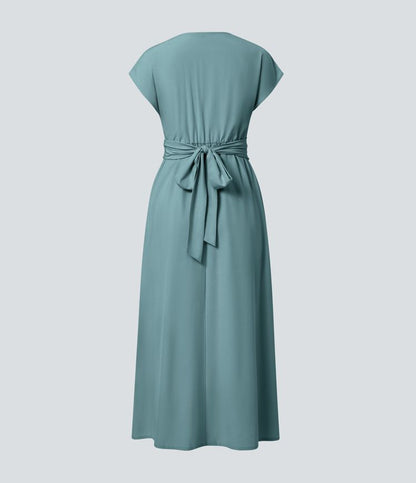 Robe Midi Légère à Col V pour Femme – Taille Élastique Coupe Évasée