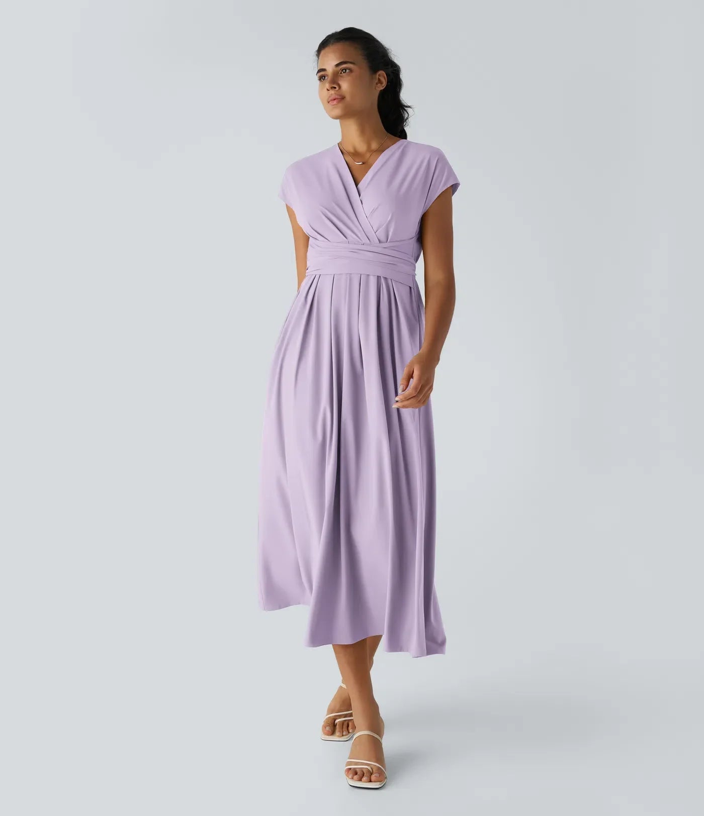 Robe Midi Légère à Col V pour Femme – Taille Élastique Coupe Évasée