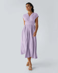 Robe Midi Légère à Col V pour Femme – Taille Élastique Coupe Évasée