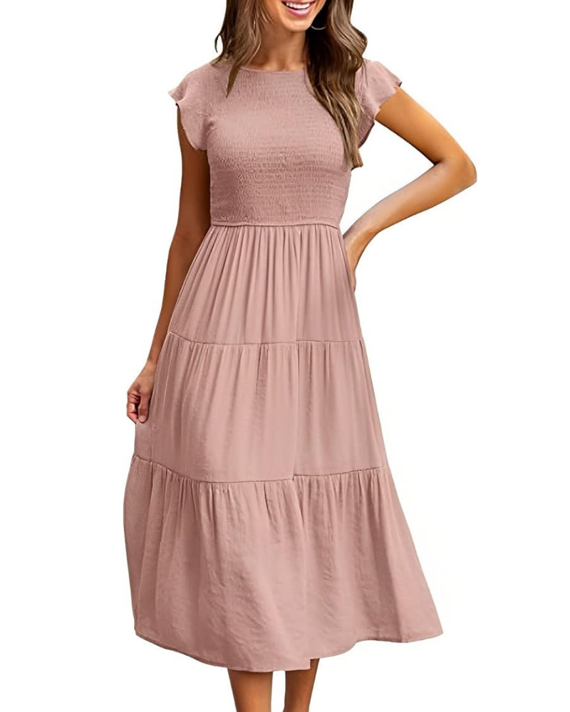 Robe Midi Femme en stretch, col rond, coupe fluide – Menvelo
