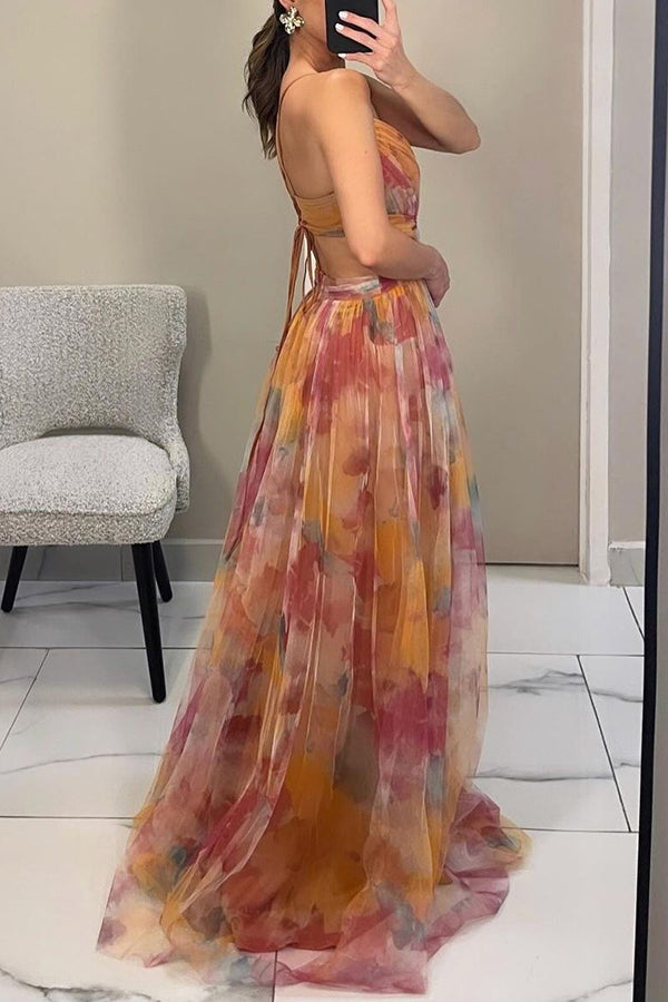 Robe maxi femme en mesh floral – Buste ajusté jupe fluide