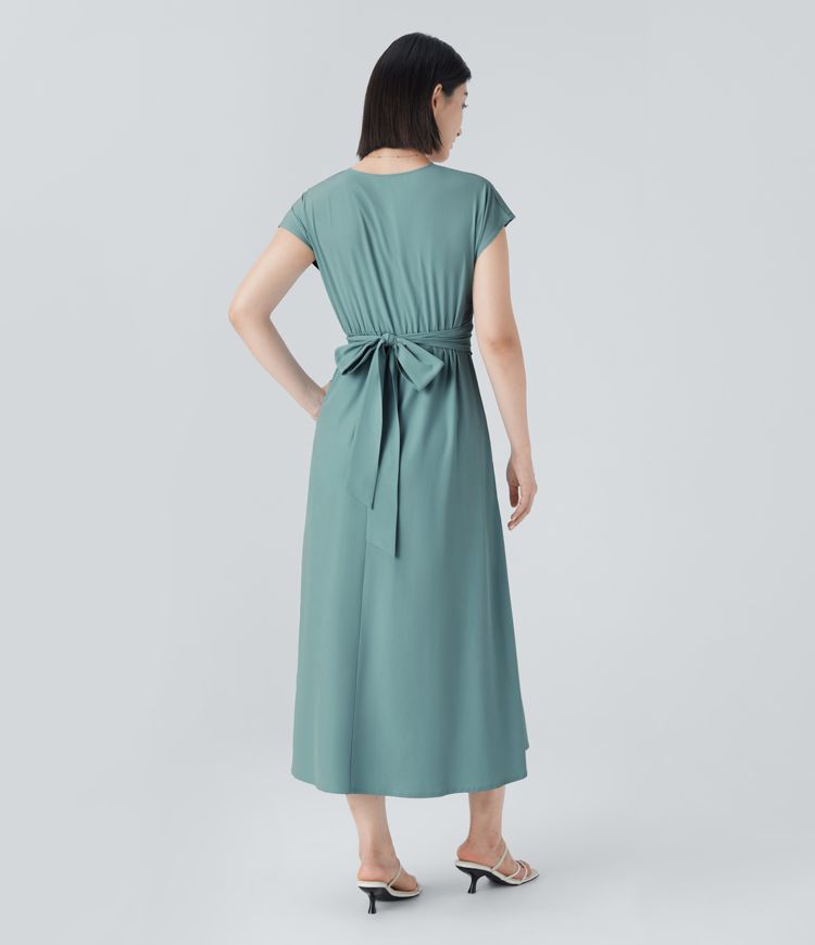 Robe Midi Légère à Col V pour Femme – Taille Élastique Coupe Évasée