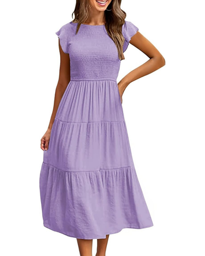 Robe Midi Femme en stretch, col rond, coupe fluide – Menvelo