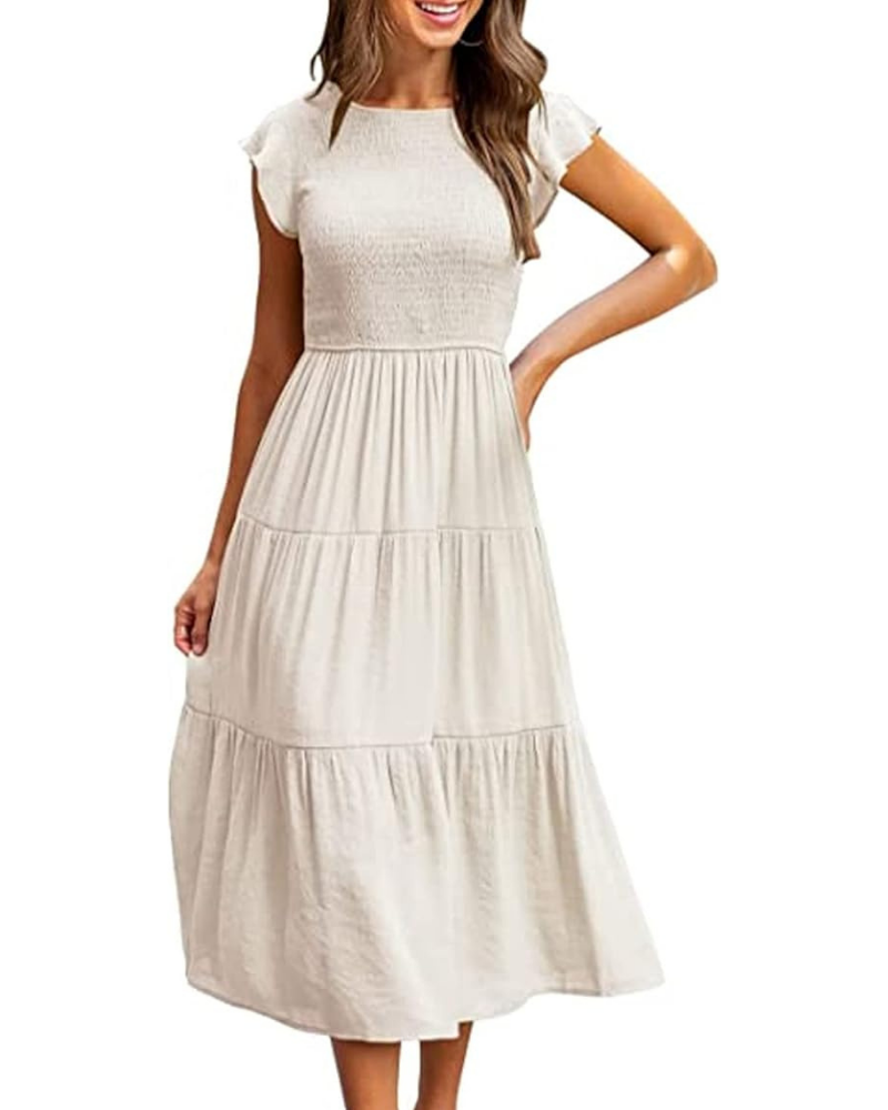 Robe Midi Femme en stretch, col rond, coupe fluide – Menvelo