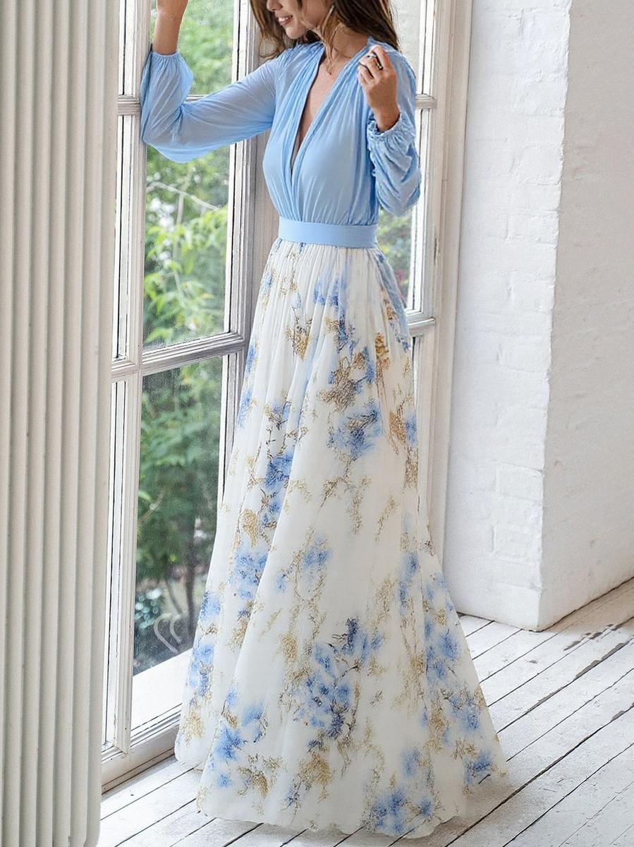 Robe Maxi Fleurie Femme – Col V Taille Ajustée