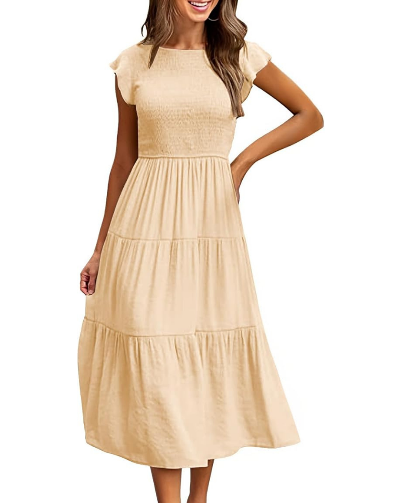 Robe Midi Femme en stretch, col rond, coupe fluide – Menvelo