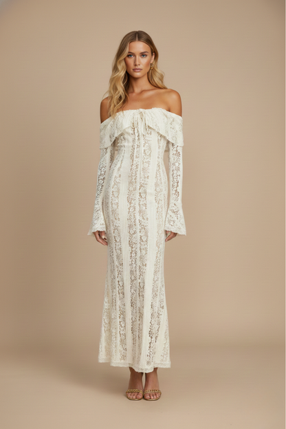 Robe Maxi Femme Dentelle Épaules Dénudées – Manches Longues Ourlet Évasé