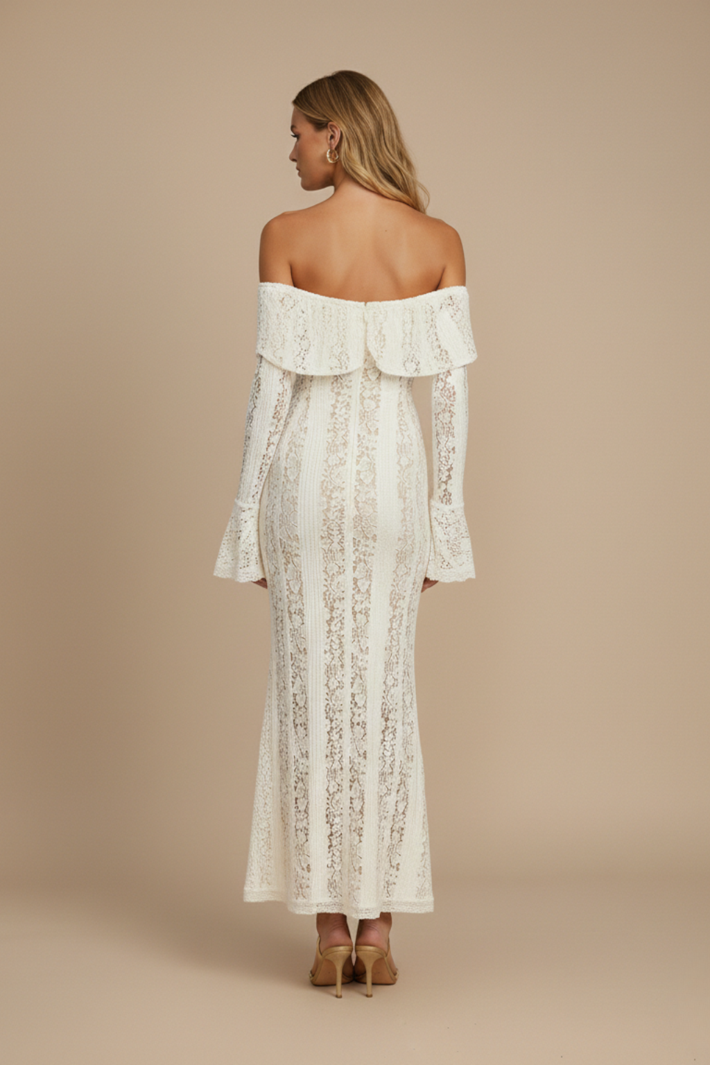 Robe Maxi Femme Dentelle Épaules Dénudées – Manches Longues Ourlet Évasé
