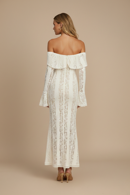 Robe Maxi Femme Dentelle Épaules Dénudées – Manches Longues Ourlet Évasé