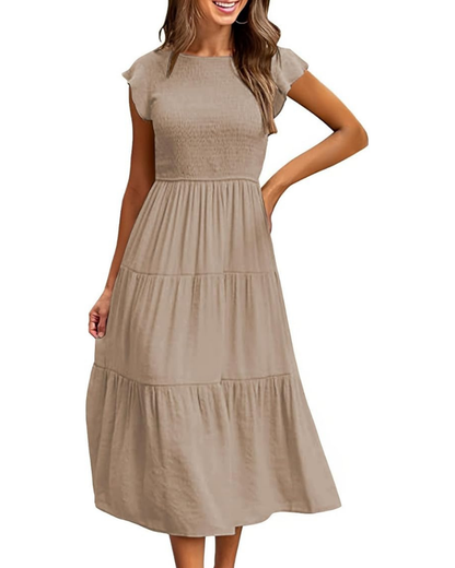 Robe Midi Femme en stretch, col rond, coupe fluide – Menvelo
