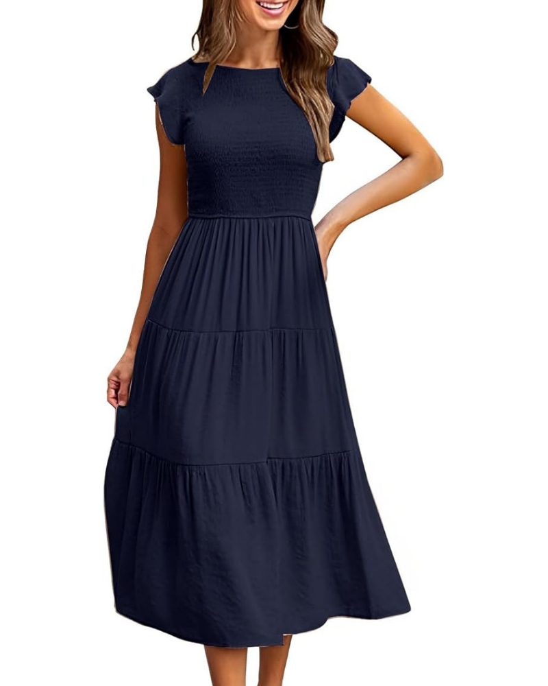Robe Midi Femme en stretch, col rond, coupe fluide – Menvelo