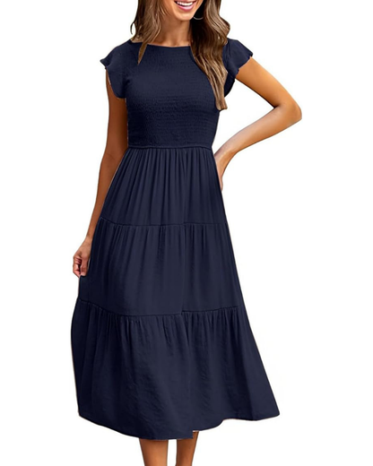 Robe Midi Femme en stretch, col rond, coupe fluide – Menvelo
