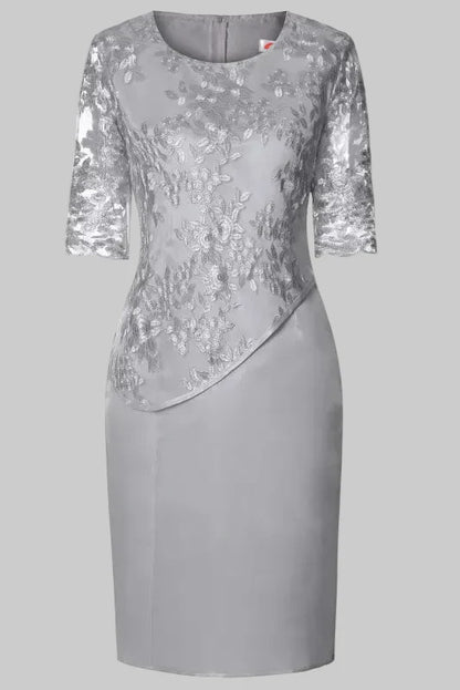 Robe Midi Femme à Broderie Florale – Manches en Dentelle Coupe Droite
