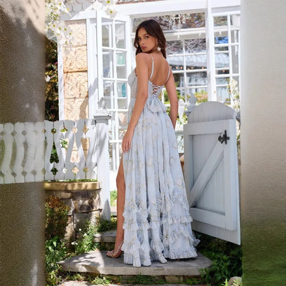 Robe Longue Femme Fleurie en Mousseline – Coupe A-Line Style Bretelles