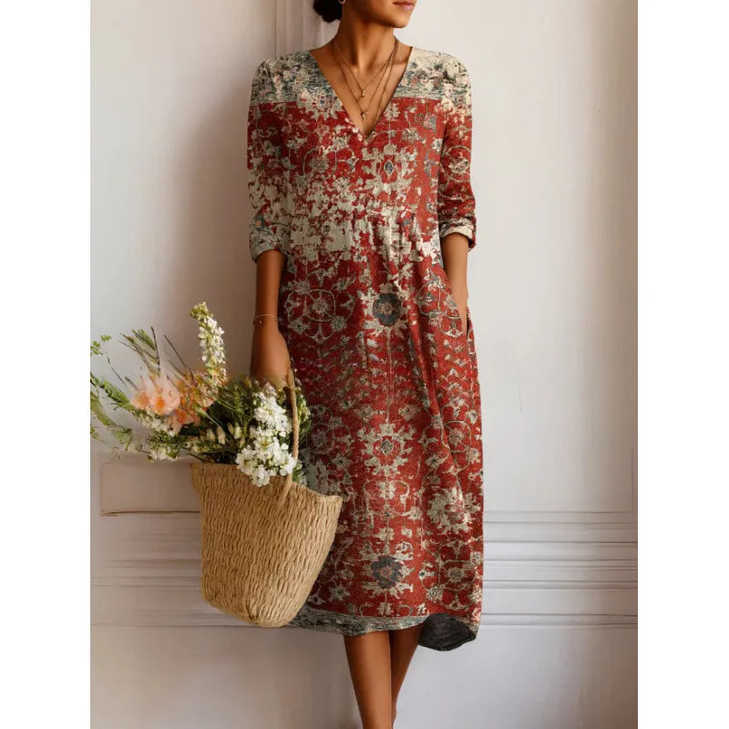 Robe Midi Femme Imprimée – Coupe Fluide et Col en V Bohème