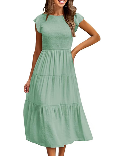 Robe Midi Femme en stretch, col rond, coupe fluide – Menvelo